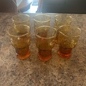NWOT Vintage Libbey Amber Daisy Country Garden Juice Drinking Glasses 4 X 2.5”